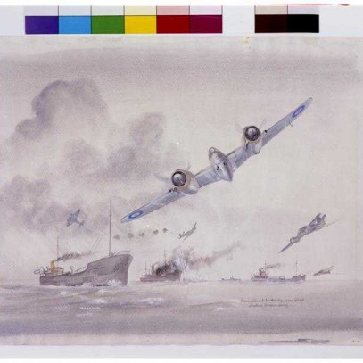 An artist's rendering (in colour sketch) of the planes of 404 squadron attacking German shipping boats. One plane is in the foreground, with others visible in the distance, flying over large cargo ships. Smoke billows off of one of the ships.