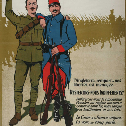 Illustrated poster, colour. French. Two soldiers, dressed in colours traditional to the English and French, stand with their arms around each other in a show of camaraderie.