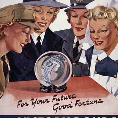 Illustrated poster, colour. Four women look into a crystal ball, depicting a victory bond. Each wears the uniform of a different branch – Canadian Women's Army Corps (khaki coloured), Women's Royal Canadian Naval Service (navy blue), RCAF Women’s Division