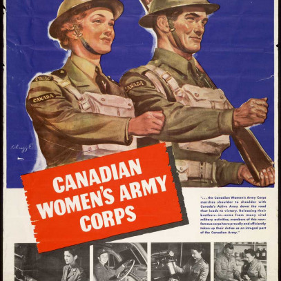 Illustrated poster, colour. A woman and man dressed identically in military dress (though he carries a gun and she does not) march in step with each other. Below, four photos show different roles a woman can play in the army besides combat.