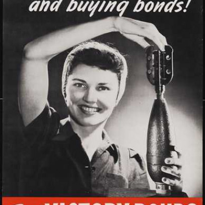Illustrated poster. A woman carefully holds a small torpedo bomb. She wears typical female factory garb.
