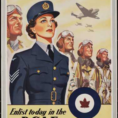 Illustrated poster, colour. A woman in the foreground and men in the background wear RCAF uniforms and look towards the sky.