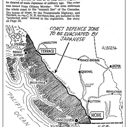 A black and white hand-drawn map of coastal British Columbia. Arrows indicate the extent of the defence zone from which Japanese Canadians were to be evicted.