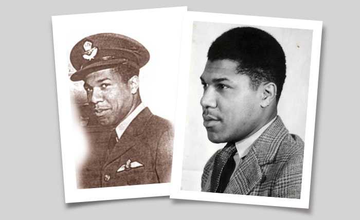 Black and white headshots. Left: a head shot of Allen Bundy in his air force uniform. His pilot wings are clearly visible.  Right: a civilian photo of Allen in civilian clothing.