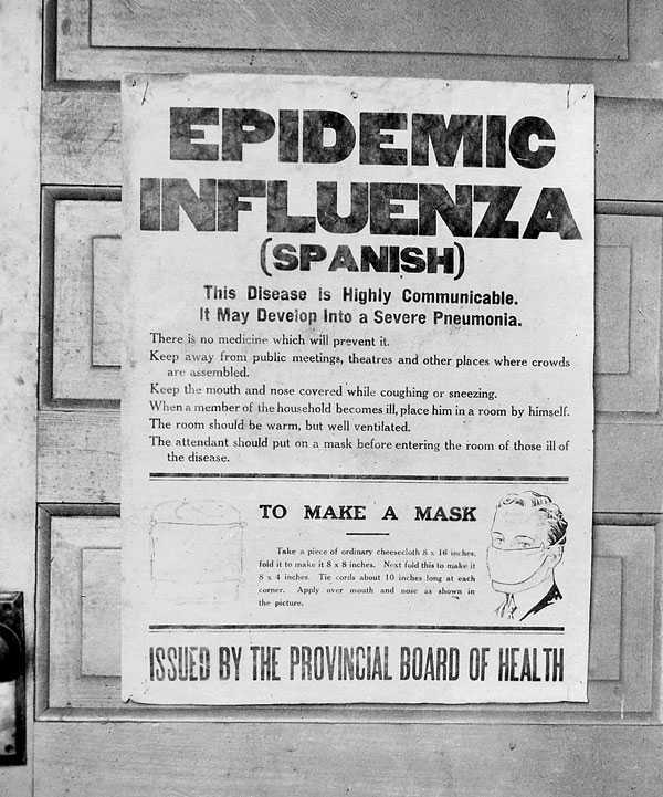 A black and white poster with bold print is pinned to a door. A small sketch of a man wearing a face mask is in the bottom right hand corner, meant to be instructional and show how to make your own mask.  The words "EPIDEMIC INFLUENZA (SPANISH)" are print