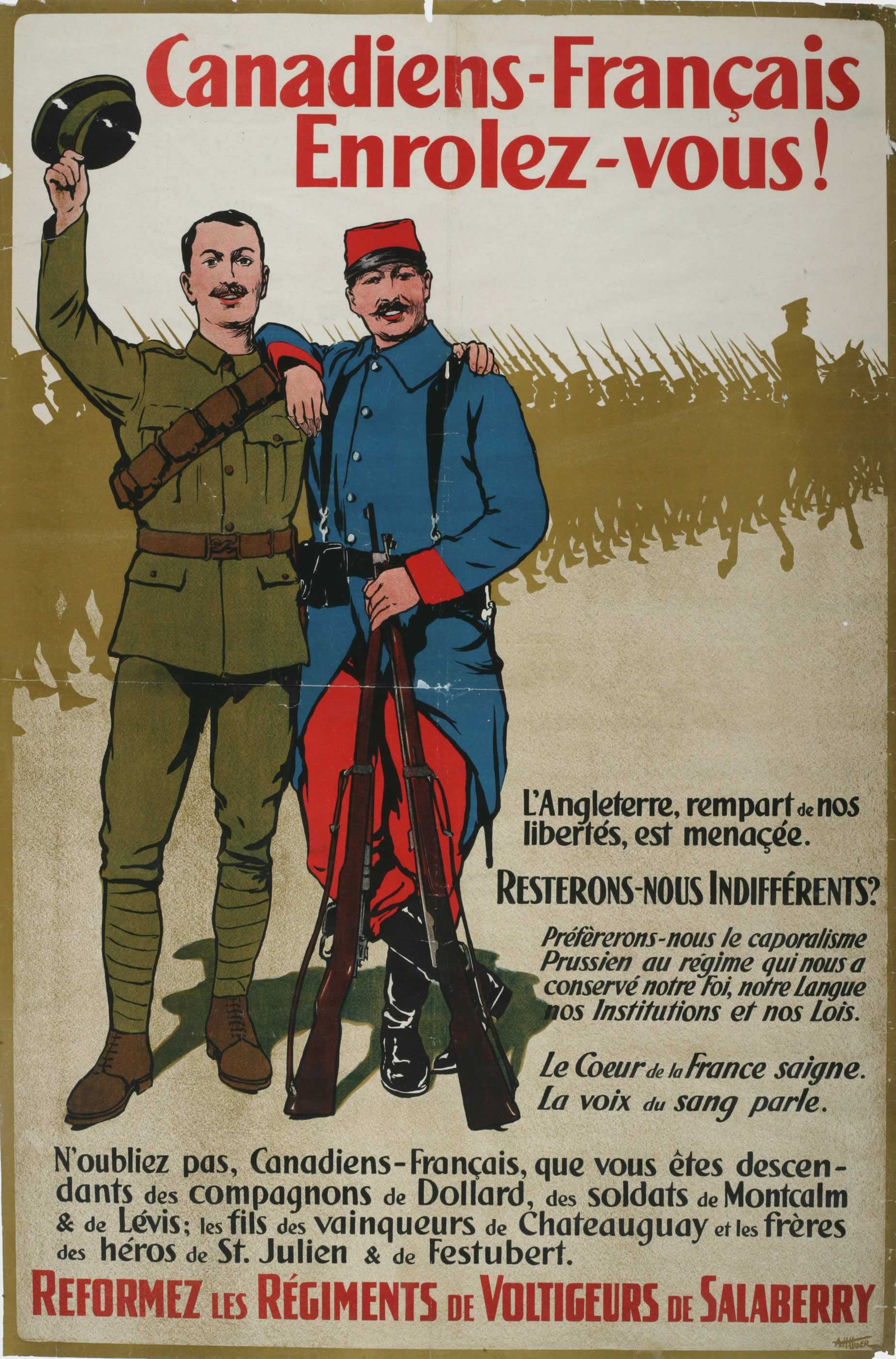 Illustrated poster, colour. French. Two soldiers, dressed in colours traditional to the English and French, stand with their arms around each other in a show of camaraderie.