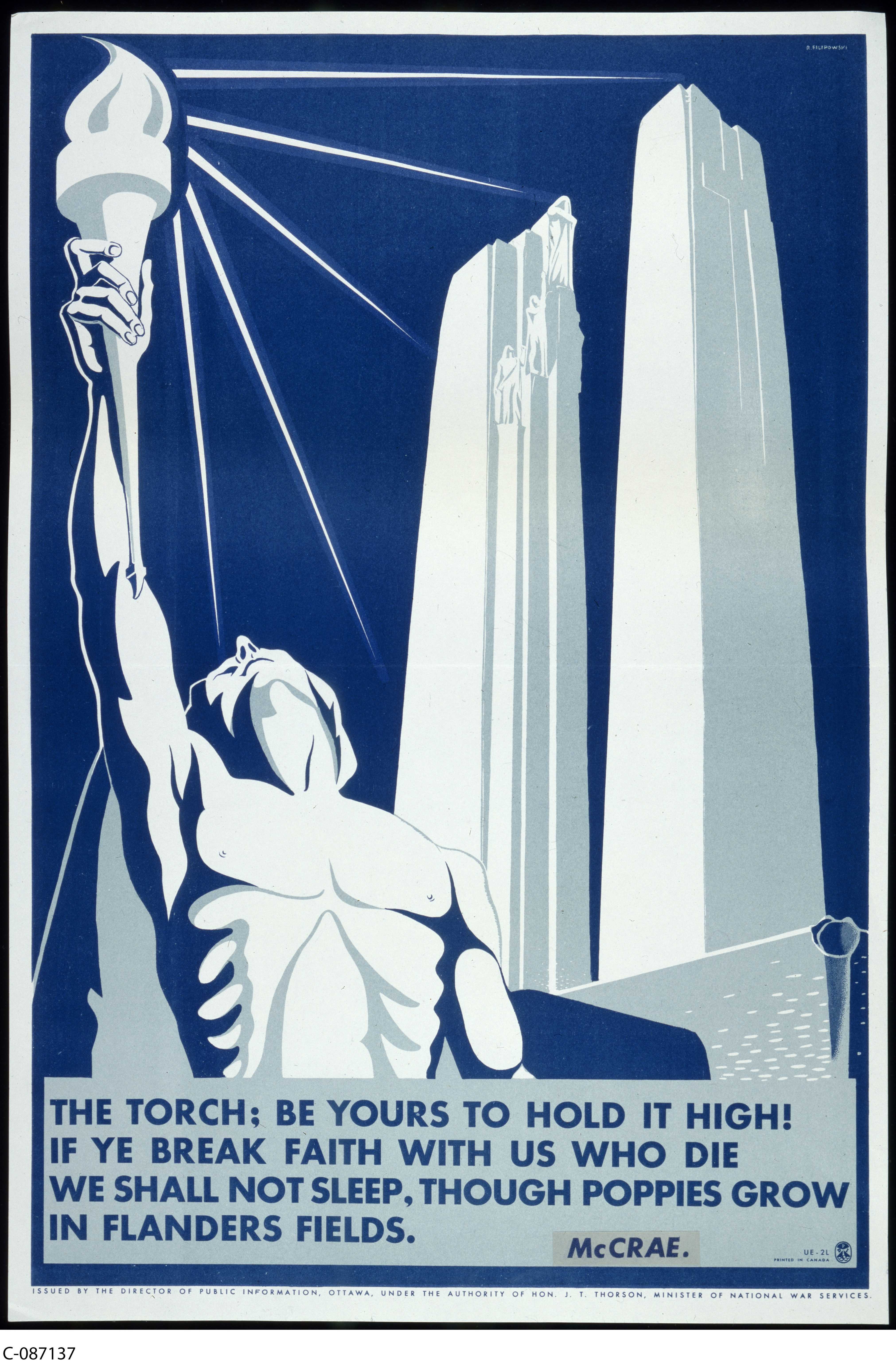 Blue and white illustrated poster. The Vimy Monument pillars on the right; a bare chested man, arms lifted towards the sky, holds a lit torch emanating beams of light.