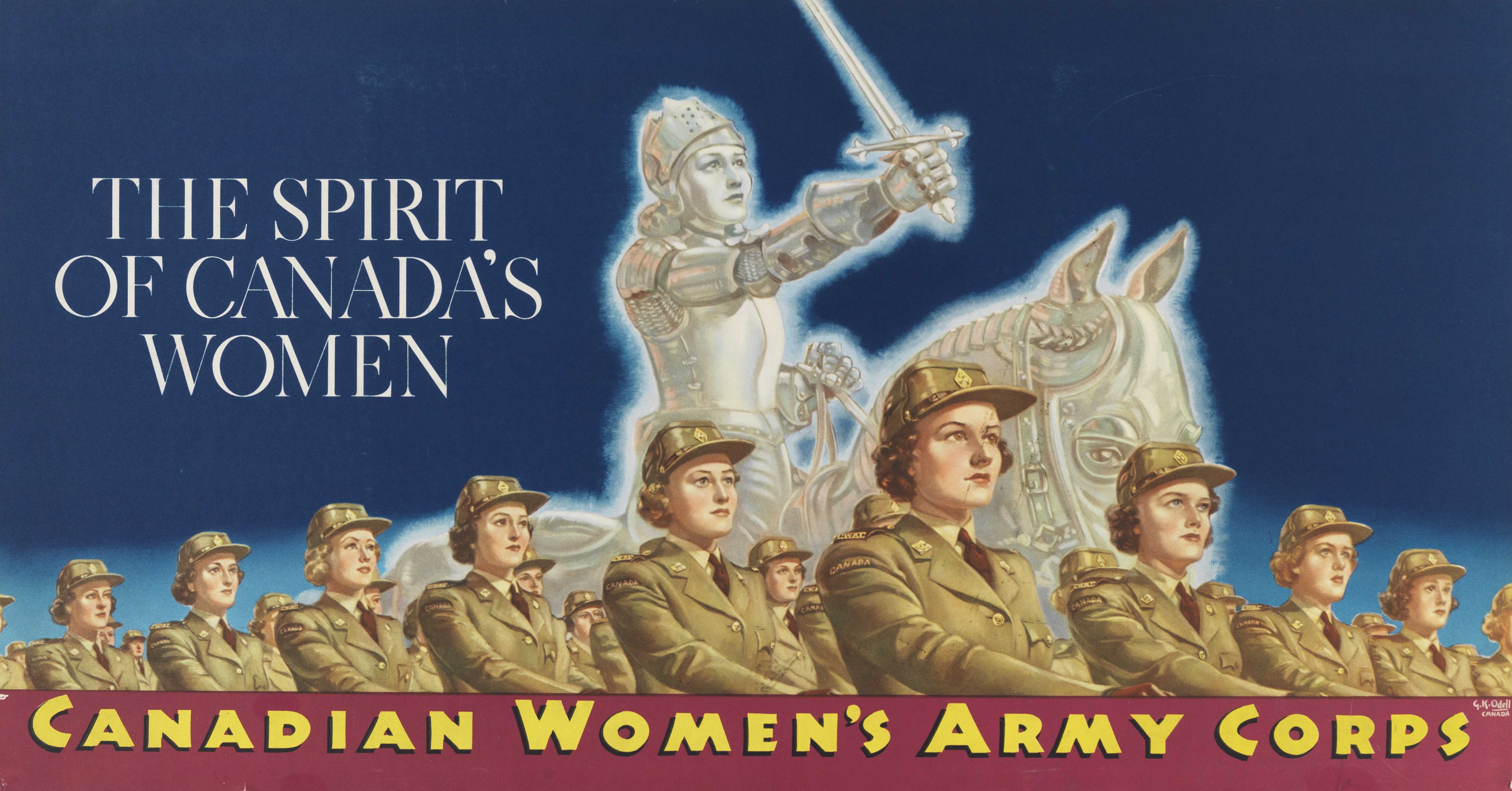 Illustrated poster, colour. Women in uniforms march in rows. A glowing representation of French heroine Joan of Arc rides a horse behind them, holding her sword to the sky.