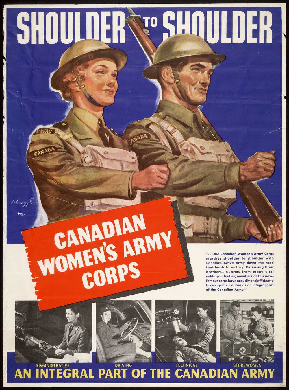 Illustrated poster, colour. A woman and man dressed identically in military dress (though he carries a gun and she does not) march in step with each other. Below, four photos show different roles a woman can play in the army besides combat.