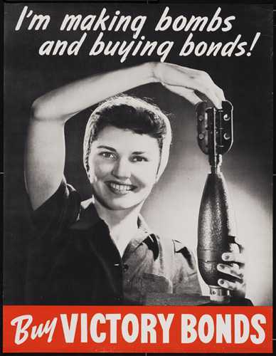 Illustrated poster. A woman carefully holds a small torpedo bomb. She wears typical female factory garb.