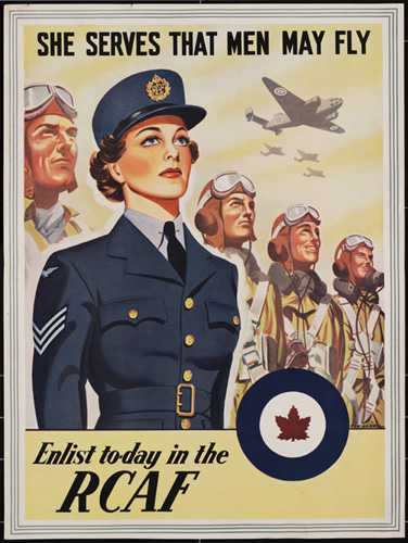 Illustrated poster, colour. A woman in the foreground and men in the background wear RCAF uniforms and look towards the sky.