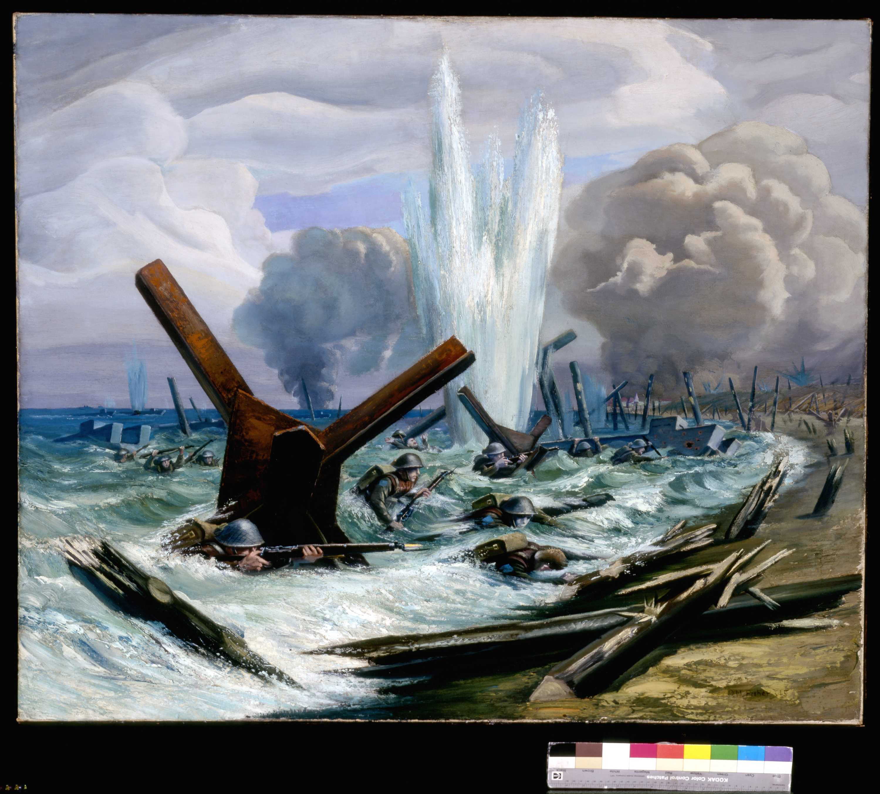 Painting. Soldiers navigate the heavy waves to reach the sandy beach. Beach defences and debris litter the ground. Explosions and smoke in the distance.