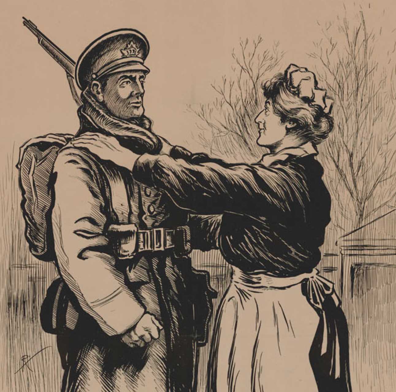 Black and white illustration, sepia tone background.  A matronly woman in an apron has her hands on a soldier's shoulder; she looks at him with admiration.
