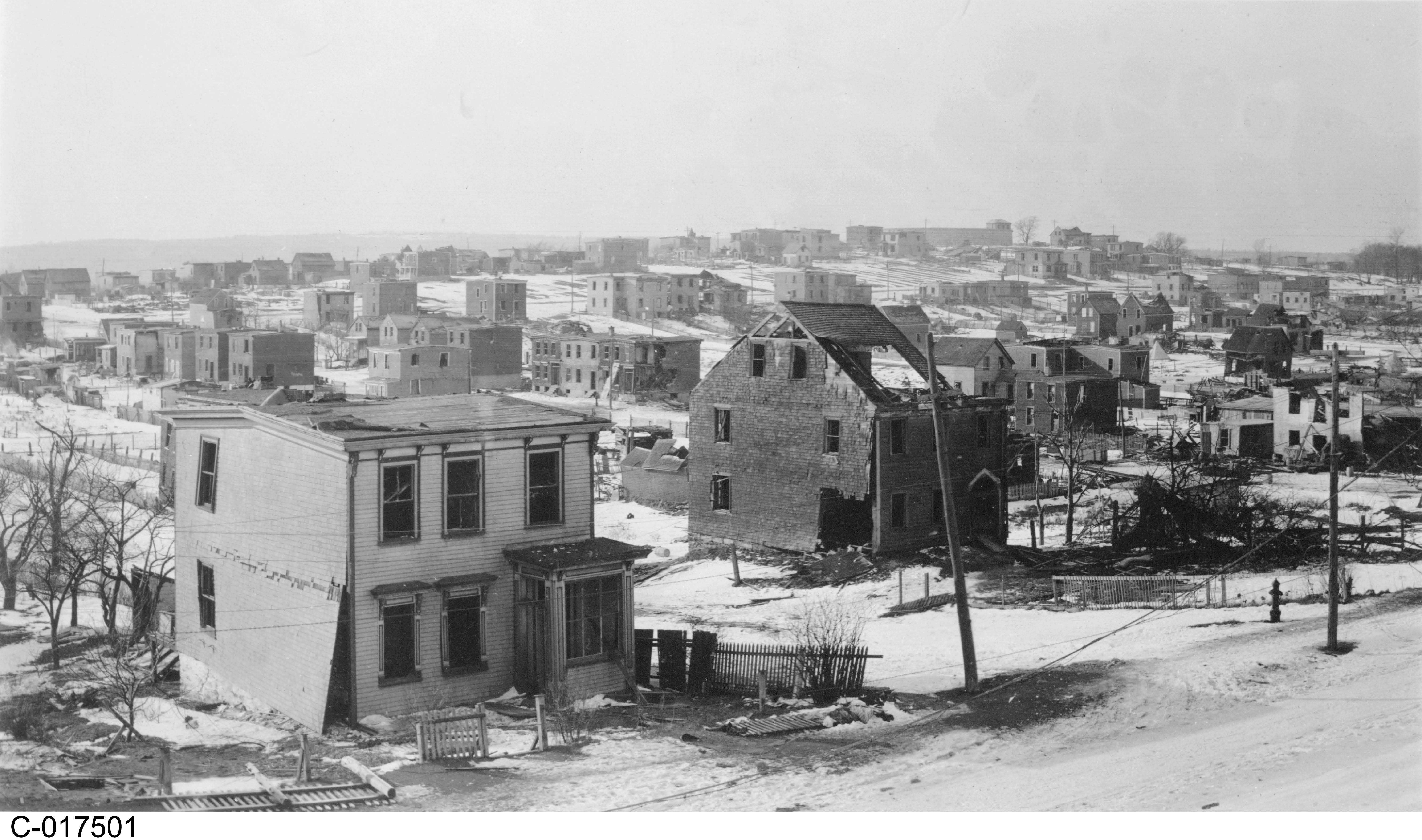 Black and white photograph. Snow, rubble, charred trees, and the ruins of buildings can be seen everywhere. Houses with their windows blown out go far into the distance. There is evidence of dust in the air.