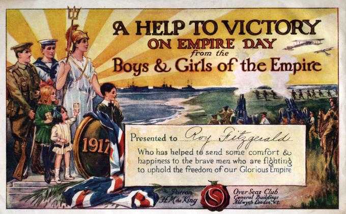 Illustrated poster, colour. Children stand with Mother Britain, a soldier, and a sailor looking over scenes of war. The date (1917) is emblazoned on a large circular shield. Scenes of war are visible in the background.