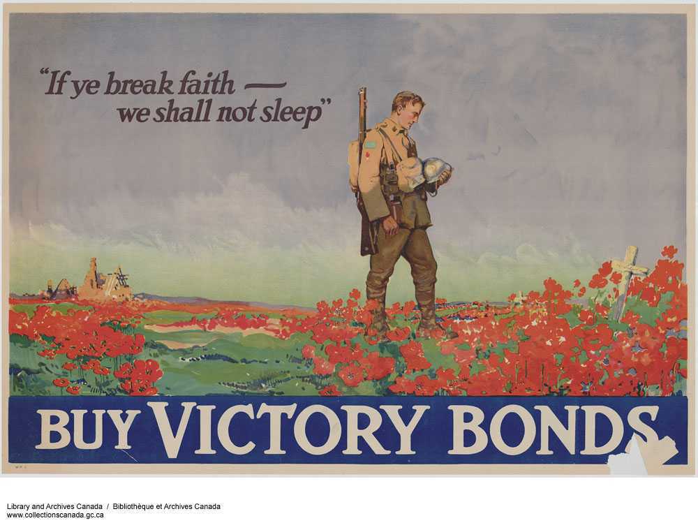 Illustrated poster, colour. A soldier holds his helmet in his hands as he looks down upon a single grave. He is standing in a field of poppies. A small village is visible in the background.