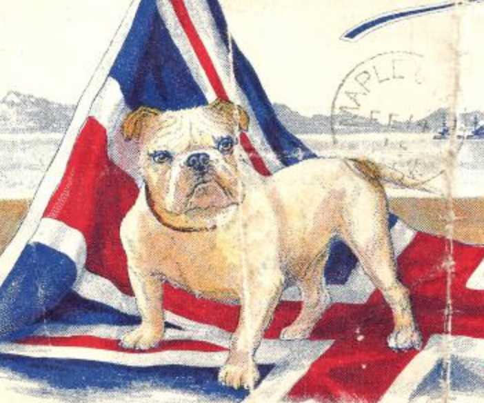 Illustrated poster, colour. A white bulldog stands on the union jack. Slogans encourage the public to buy Canadian. Each corner is emblazoned with a flag (Russia, Serbia, France, Belgium).