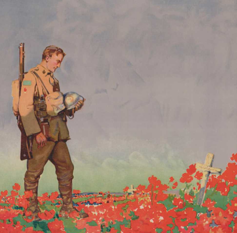 Illustrated poster, colour. A soldier holds his helmet in his hands as he looks down upon a single grave. He is standing in a field of poppies. A small village is visible in the background.