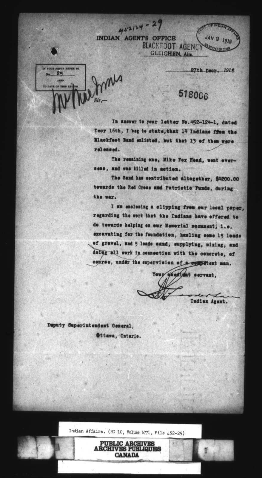 A typed letter from an Indian Agent to Ottawa detailing local indigenous contributions to the First World War and memorial efforts.