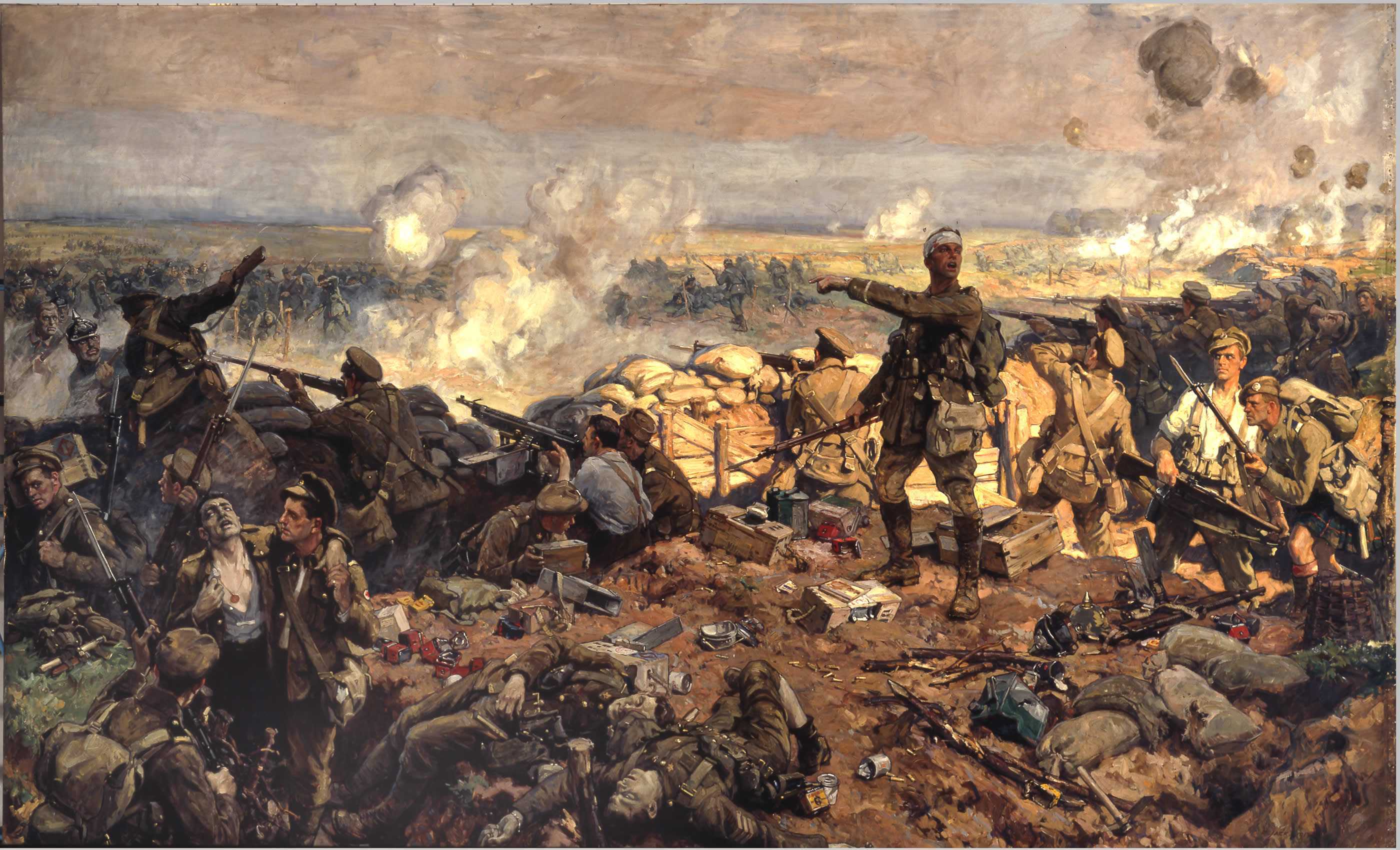 The painting by Richard Jack uses yellow tones to depict the battle scene at Ypres. Canadian soldiers can be seen fighting and dying in the trenches, among the mud and gas.