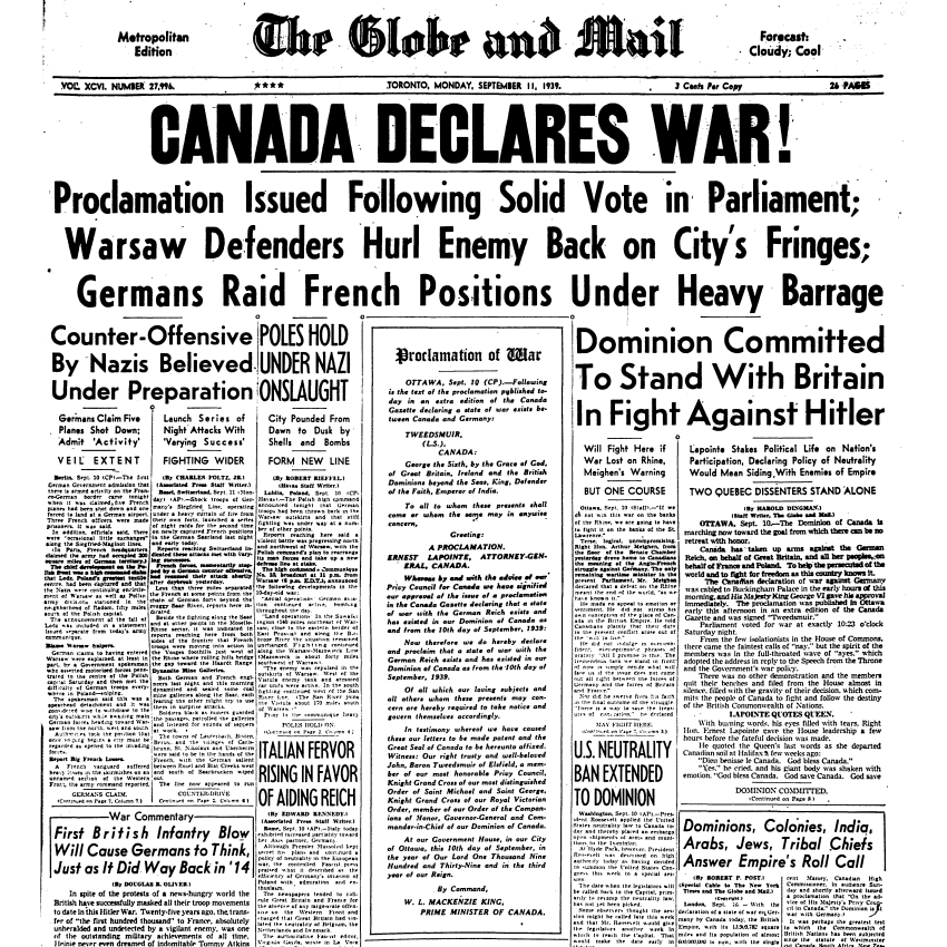 The front page of English language newspaper, the Globe and Mail. The government's declaration of war appears in the middle of the page.