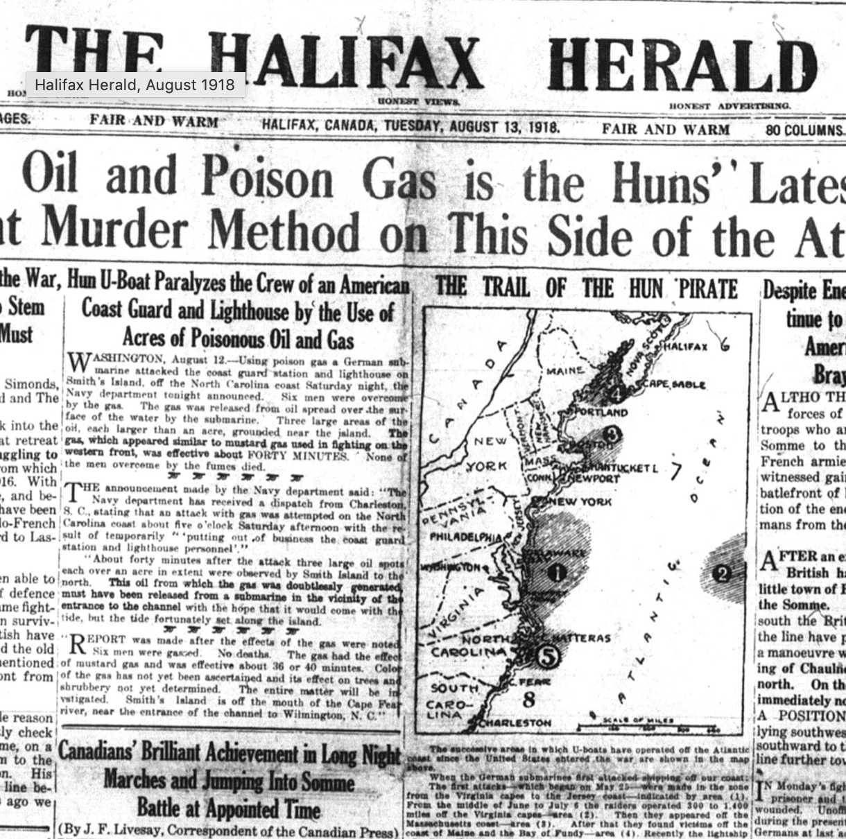 Front page of an English language newspaper, the Halifax Herald. A small map shows the path of German U-boats along the east coasts of the USA and Canada. Relevant headlines have been transposed.