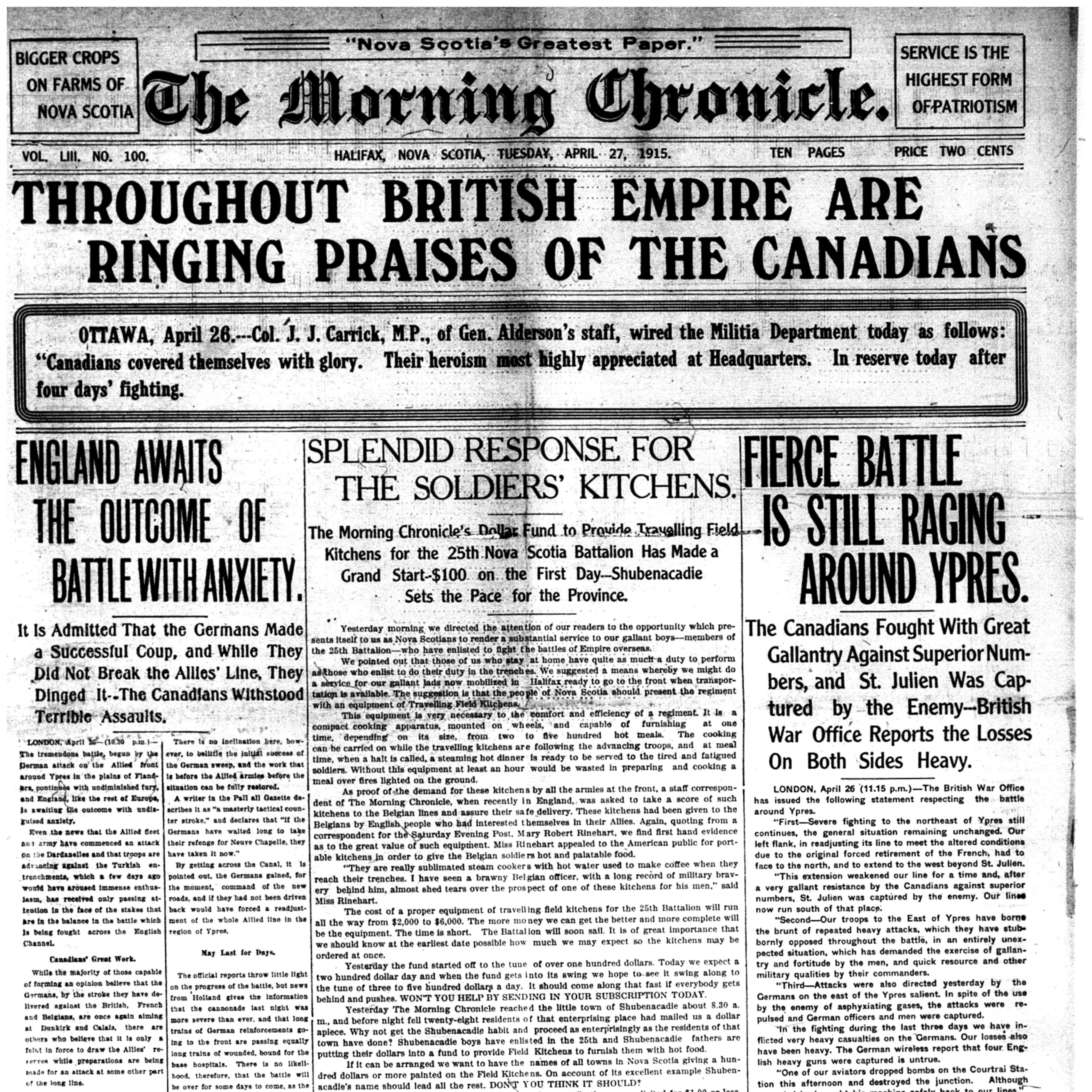 Front page of English language newspaper, the Halifax Morning Chronicle.