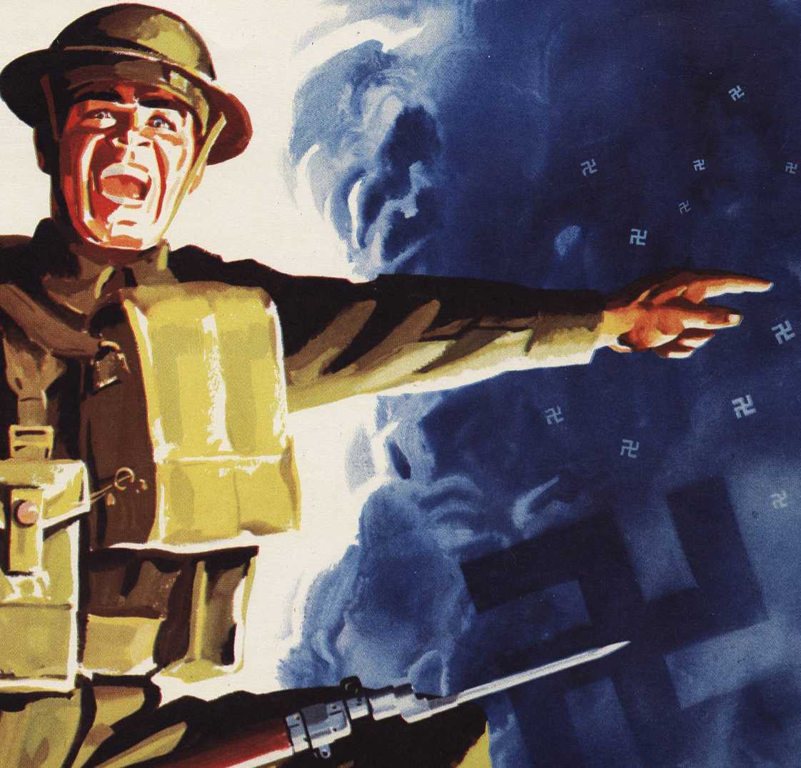 Illustrated poster, colour. A Canadian soldier, gun in hand, stands on a globe, feet on Canada and the United Kingdom, where a Union Jack flies and large guns fire upwards. He is yelling, pointing towards Europe. Dark clouds and swastikas are in the sky.