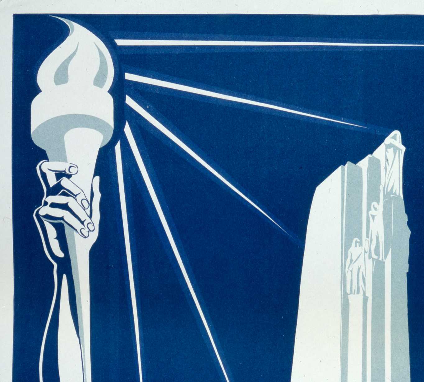 Blue and white illustrated poster. The Vimy Monument pillars on the right; a bare chested man, arms lifted towards the sky, holds a lit torch emanating beams of light.