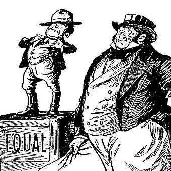 News comic. A robust man with scroll and cane in hand stands with his chest puffed out. A much smaller man - dressed similar to a Royal Canadian Mounted Police officer - stands on two boxes, which read Equal Status and makes the two men equal in height.