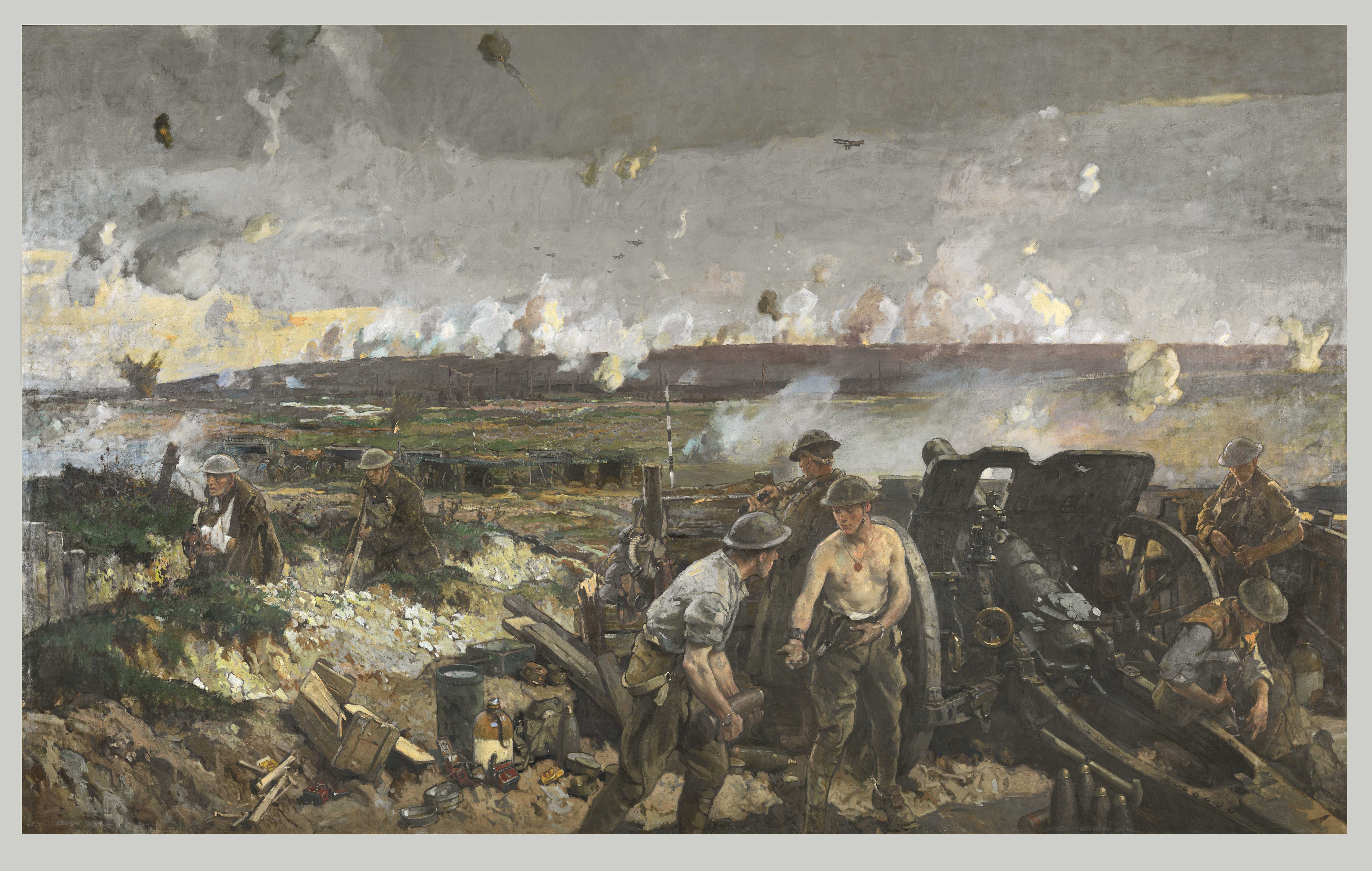 Painting. The sky is overcast and dotted with shells and smoke. Bottom centre: two men hand off large shells to load them in an artillery gun to the right. Other men, some wounded, make their way through trenches.