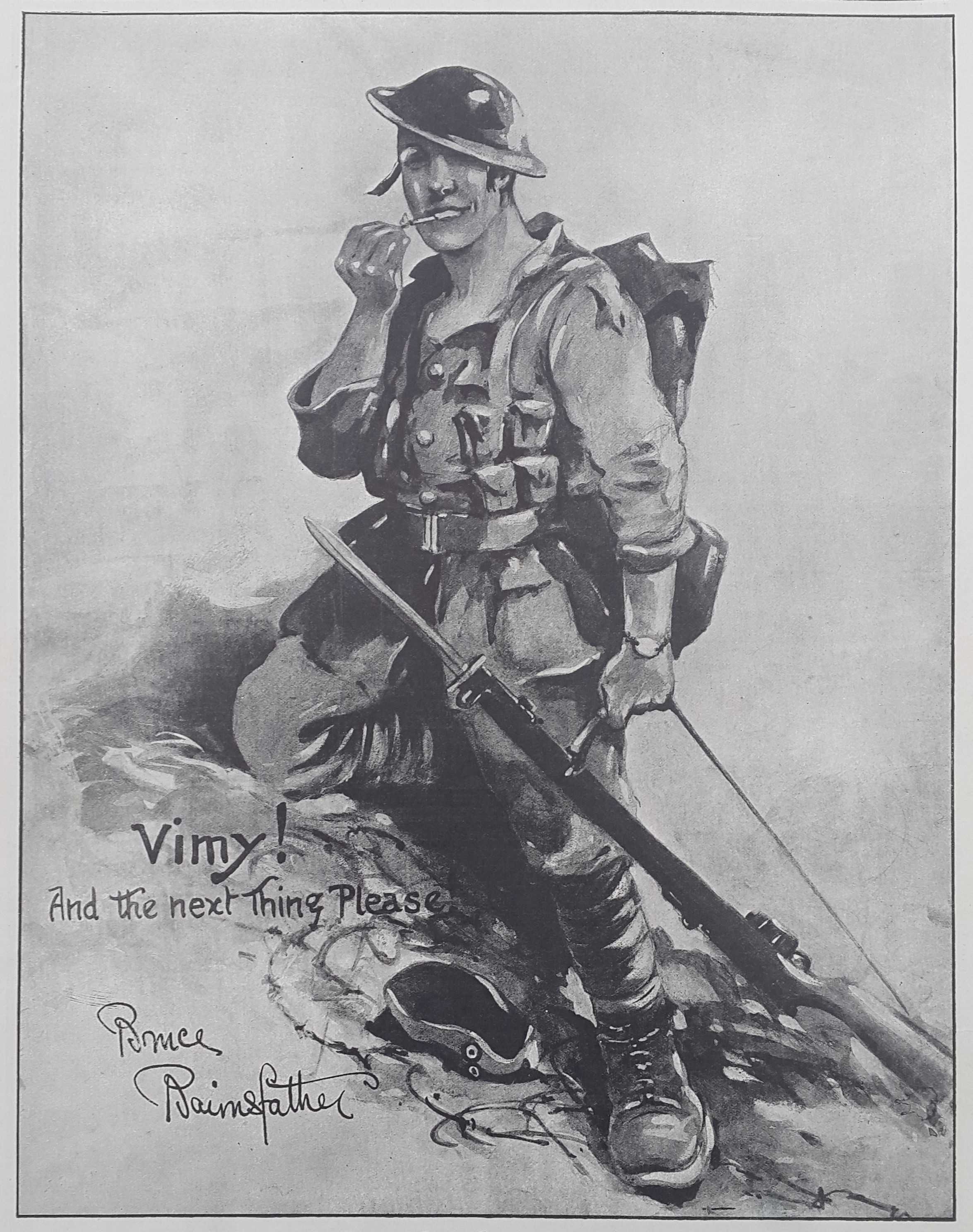 Hand-drawn cartoon, black and white. A soldier leans one knee into a rise in the ground, standing mostly upright. He holds his gun in his left hand by a strap. His helmet is tilted casually and his right hand holds a cigarette in his mouth.