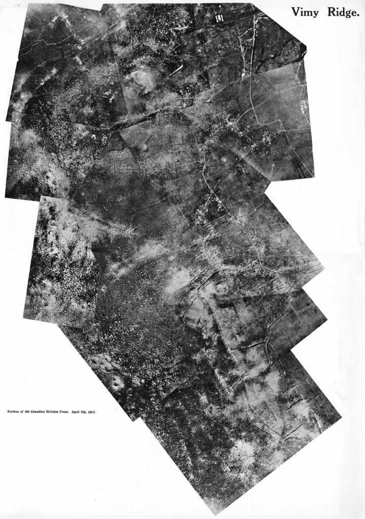 A patched together, black and white, aerial photo of the Vimy area. Some elements of the landscape are discernible.