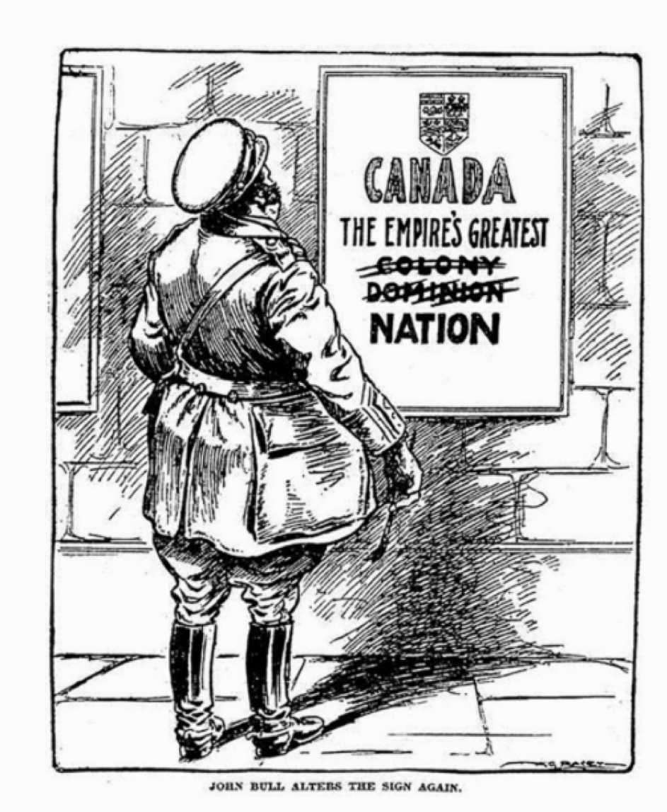 Hand-drawn newspaper comic, black and white. The back of a stocky man in military dress faces a stone wall with a large sign, paintbrush in hand. He edited it by crossing lines out and adding a new one.