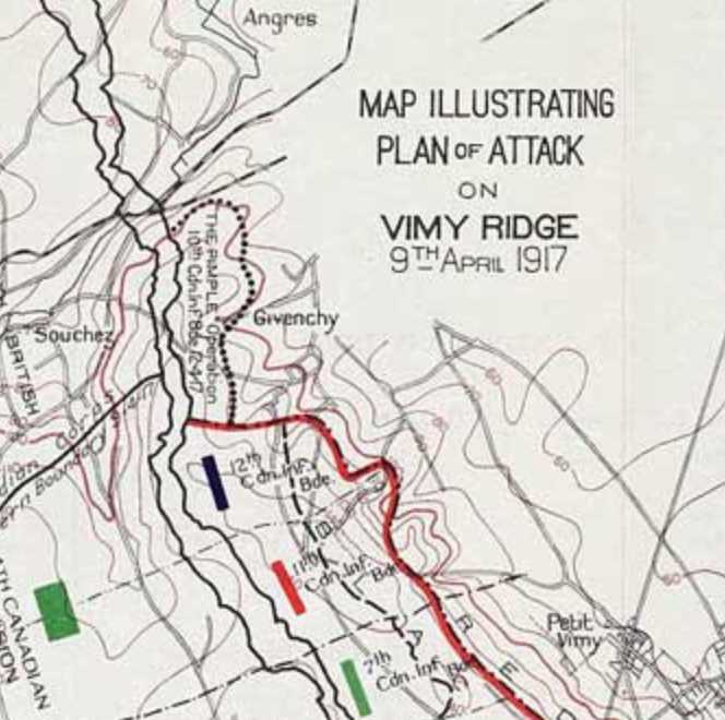 A topographic map of Vimy Ridge shows the division of Canadian fronts, using coloured emblems to distinguish the different units.